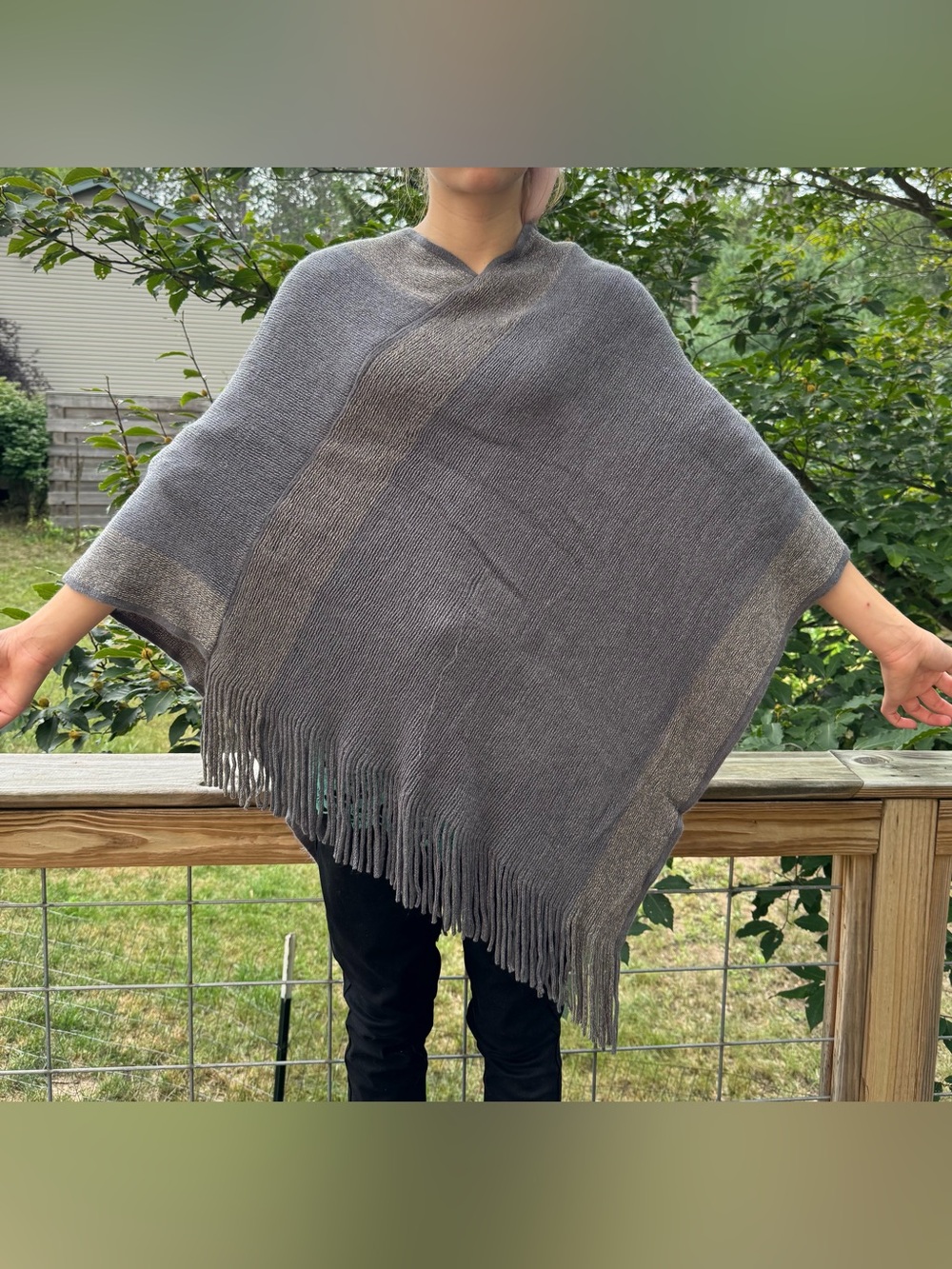 Cozy Gray Fringed Poncho - Versatile Layering for Women